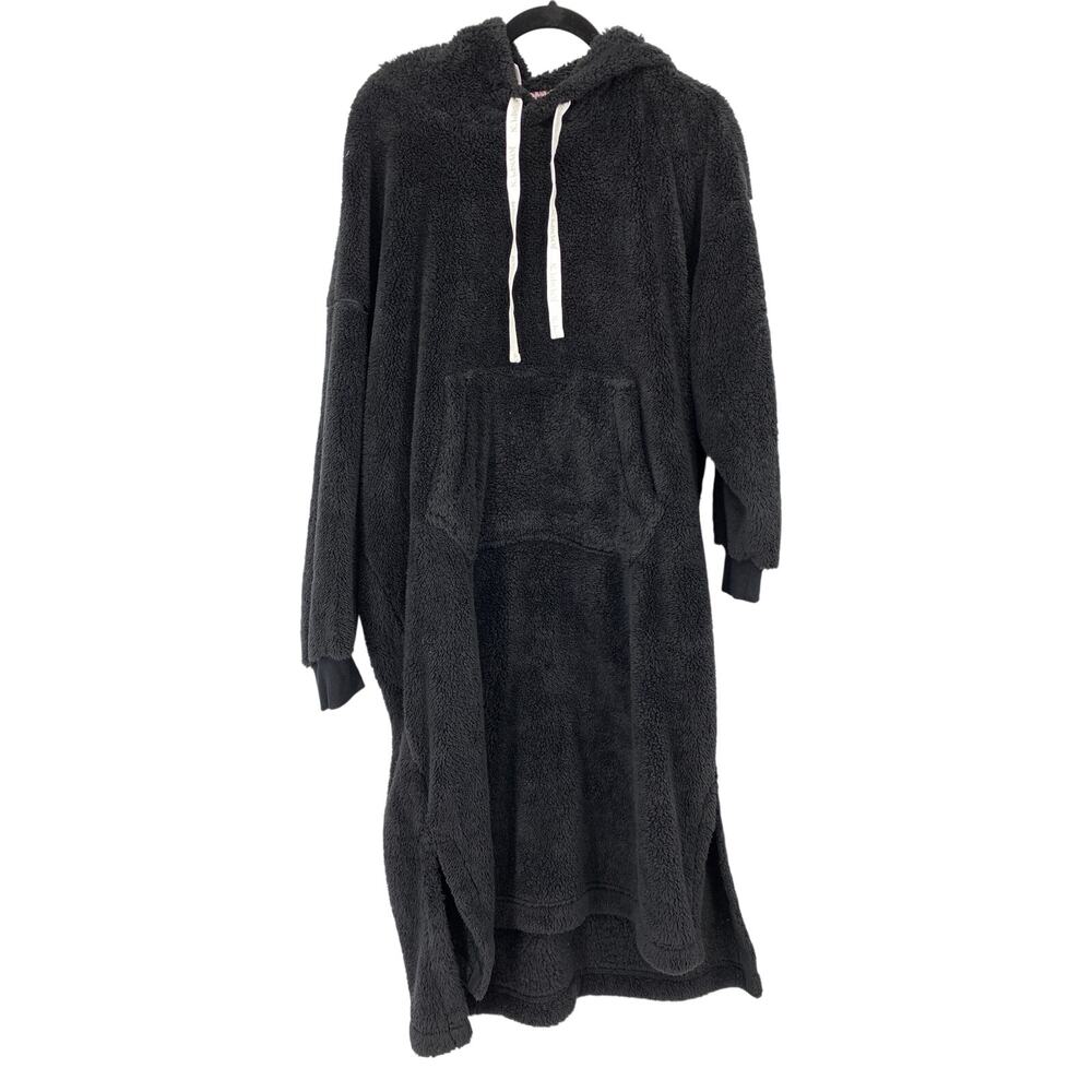 Joyspun Robe Womens Large 12-14 Black Plush High-Pile Hooded Kangaroo Pocket